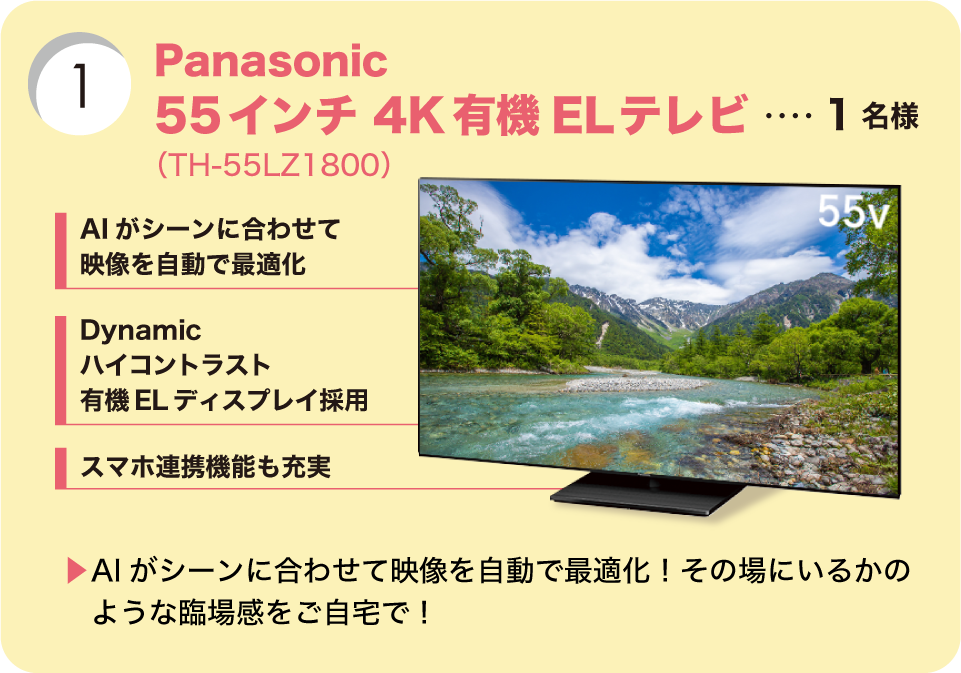 1.Panasonic　55インチ4K有機ELテレビ（TH-55LZ1800）